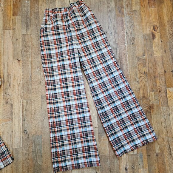 Vintage 70s Green Rust Orange Plaid 3-Piece Set Top Pants Skirt Juniors 5 XXS - Picture 8 of 12